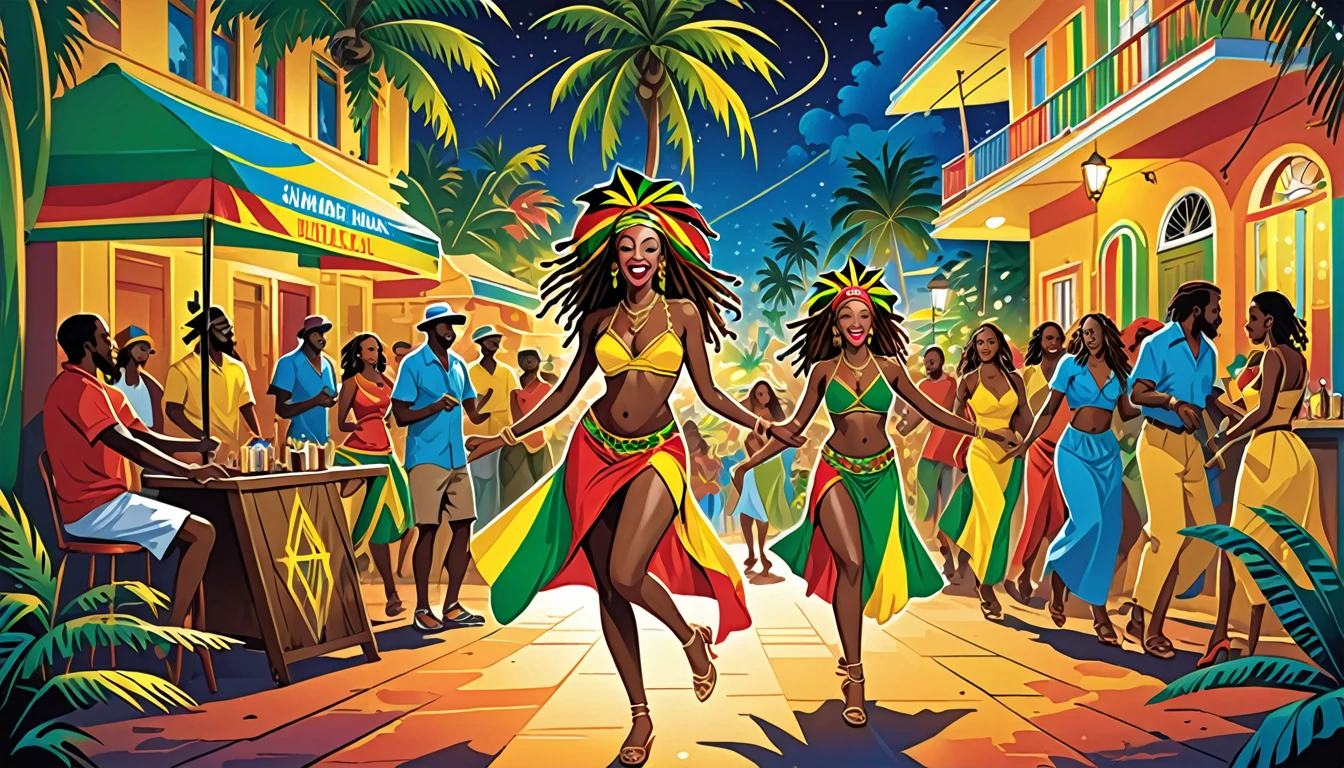 Vector art, Lots of Jamaican Reggae, Authentic Jamaican reggae music atmosphere, Chic colors,Attention to detail,
Streetscape,Shield of David,Rastafarian,Full Luster Color,Palm tree,Half of the beach.City of night,Dancer