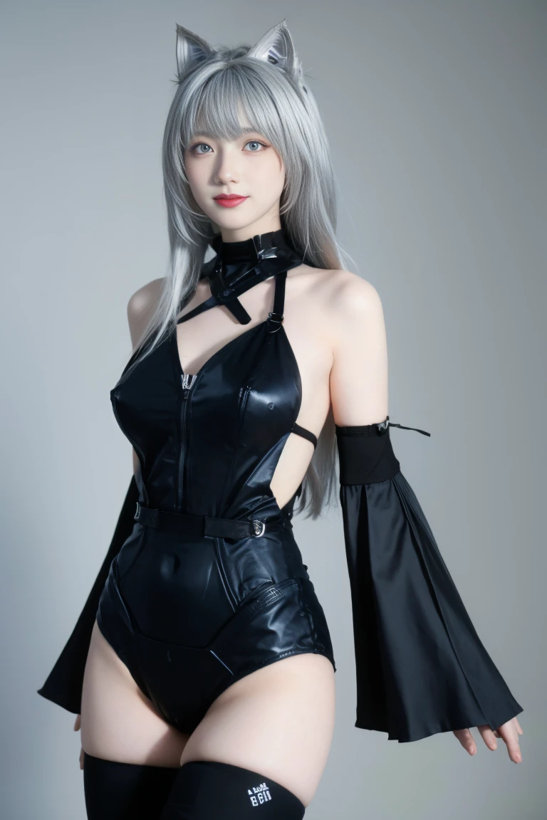 best quality, tmasterpiece,Ultra-high resolution,Clear face,(Reality:1.4),ferpect lighting,(upper body:1.3), (photorealistic:1.50), anime wallpaper, Guviz style artwork, cover-up fantasy up to magic , by Yang J, Guviz, beautiful artwork illustration, beautiful digital artwork, beautiful digital illustration, Li Song, beautiful anime portrait, art style in Beauvot, 1girl, 独奏, long hair, (silver hair:1.5), Animal ears, hair ornament, bangs, (purple eyes), double eyelids, blush, Red cheeks, (medium breast:1.5), shagging breasts, Cleavage, indoor, room, (standing), (looking at viwer), smile, wolf ears, white hair, very long hair, green eyes, heterochromia, black hairband, detached collar, detached sleeves, wide sleeves, black leotard, hip strap, black thighhighs, (black bodysuit),