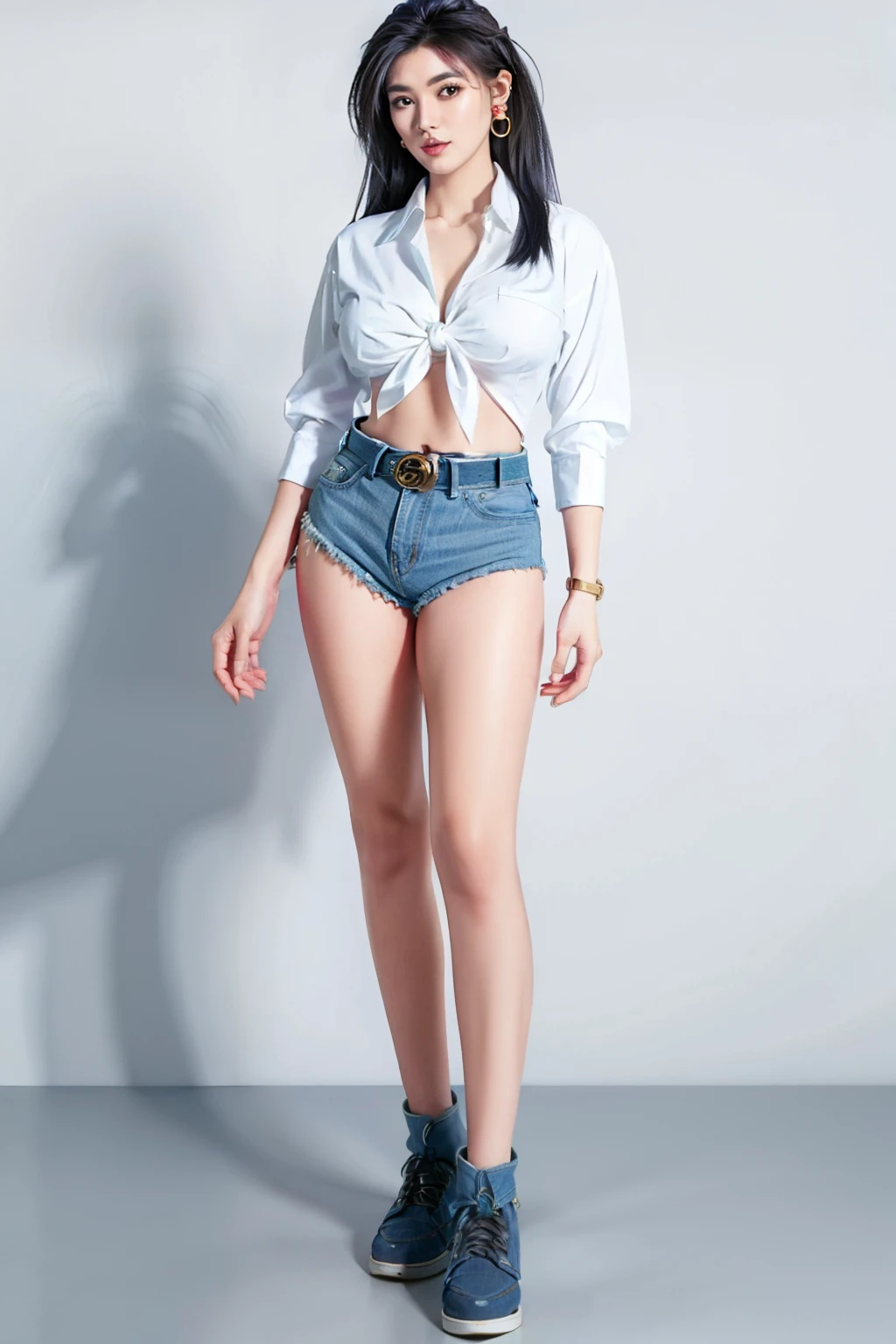 (tall:2),(photo realist: 1.2), (hiper realist: 1.2), (realistic: 1.2), (smoother lighting: 1.2), (Improve the quality of movie lighting: 1.2), (RAW photo:1.2), (better quality:1.2), (perfect eyes:1.2), (masterpiece:1.2), (Physically based rendering:1.2), (ultra high resolution:1.2), (best quality:1.2),(standing:2),(full body photo:2),(sexy pose:2),(large breast:2),(long hair:2),(beauty face:1.2),(earring:2),(tied shirt:2),(denim micro shorts:2),(belt:2),(simple background:2),(shiny skin:1.2),(navel:1.2)
