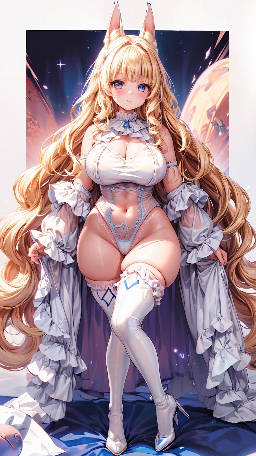 Sensual, ((Long blonde curly hair)), Thick thighs, 8k, 4K, highest quality, High resolution:1.2), Cute anime face, Noise Reduction, ((Sparkling Blue Eyes, A kind smile, Kind eyes))、Toned Abs, Muscular arms, Muscular legs,  Young Face, Anime Eyes, (((Big Breasts、A chest that&#39;s about to burst)))、(((whole body)))、Wearing a white high-leg cut leotard、Lie down in bed、部屋のベッドに横たわるBig Breastsのアニメの女の子