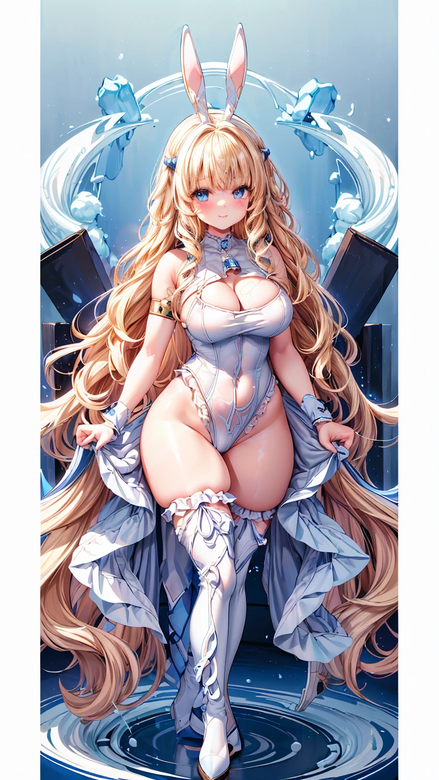 Very detailed、Highest quality、Best image quality、masterpiece、8k、Anime Face、A kind smile、universe、Lunar Surface、Sparkling Blue Eyes、(Blonde wavy hair:1.5)、(Soft body:1.3)、White rubber outfit、race、Frills、(High leg:2.0)、Thigh belt、(Cowboy Shot:1.5)、(SFW Giant)、(Thick body:1.2)、(good:1.5)、(SXSPNTS)、(Bunny ears)