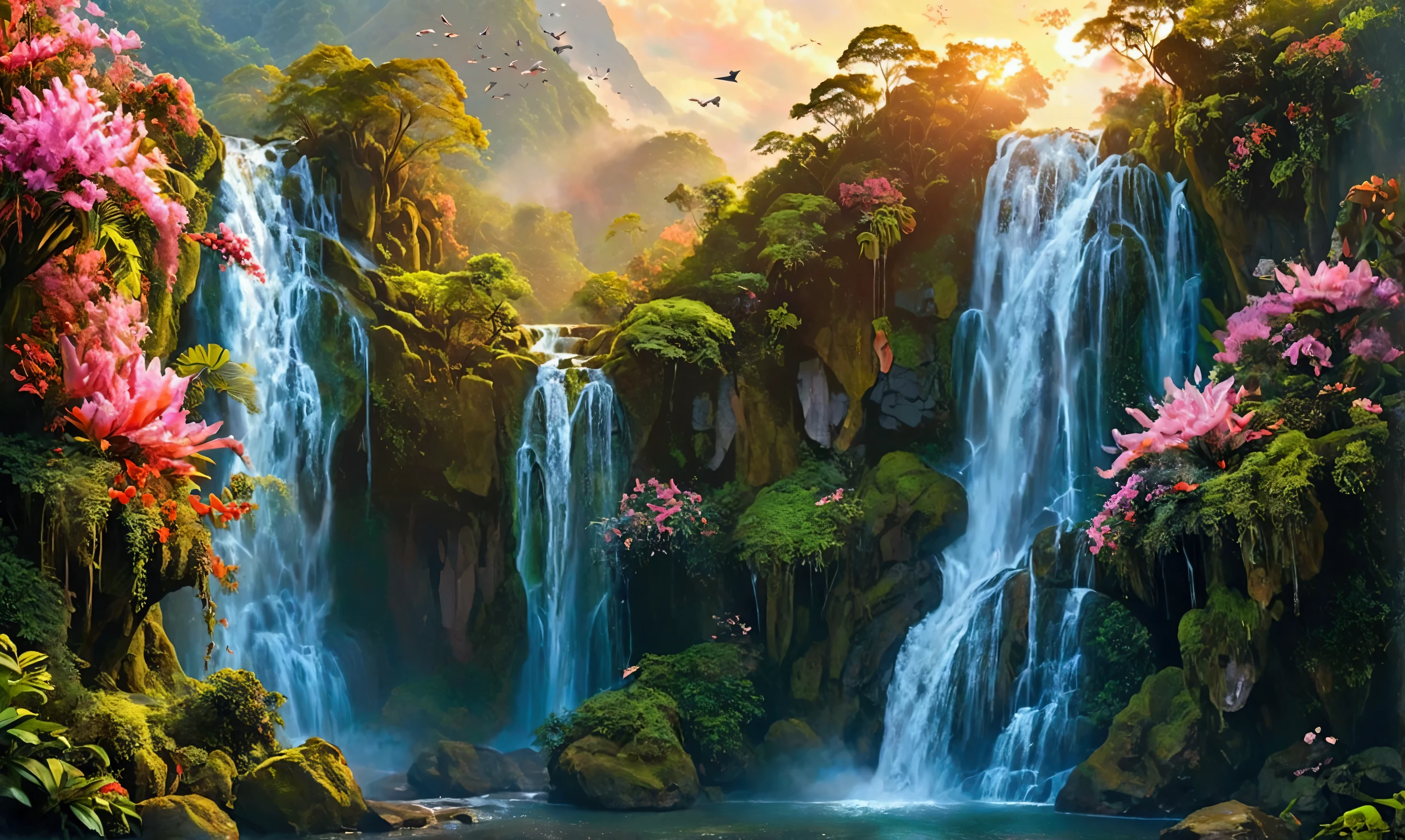  depicts a serene thác nước waterfall cascading down moss-covered rocks, surrounded by lush greenery and vibrant tropical flowers, as a flock of chim cò birds soar freely above the clouds, filling the sky with a kaleidoscope of colors, from gentle pinks and oranges to radiant blues and emerald greens, evoking a sense of tranquility and balance, with intricate brushstrokes and delicate textures, inviting the viewer to step into a world of serenity and harmony