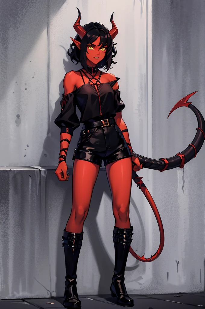 1 girl, tiflin, Redskin, yellow eyes, black sclera, pointy ears, red horns, short shoulder length wavy black hair, Sharp teeth, black sleeveless shirt, black shorts, black off shoulder sleeves, dishonest clothing, demon tail, black boots, dagger in hand, leaning on a wall, looks 25 years old