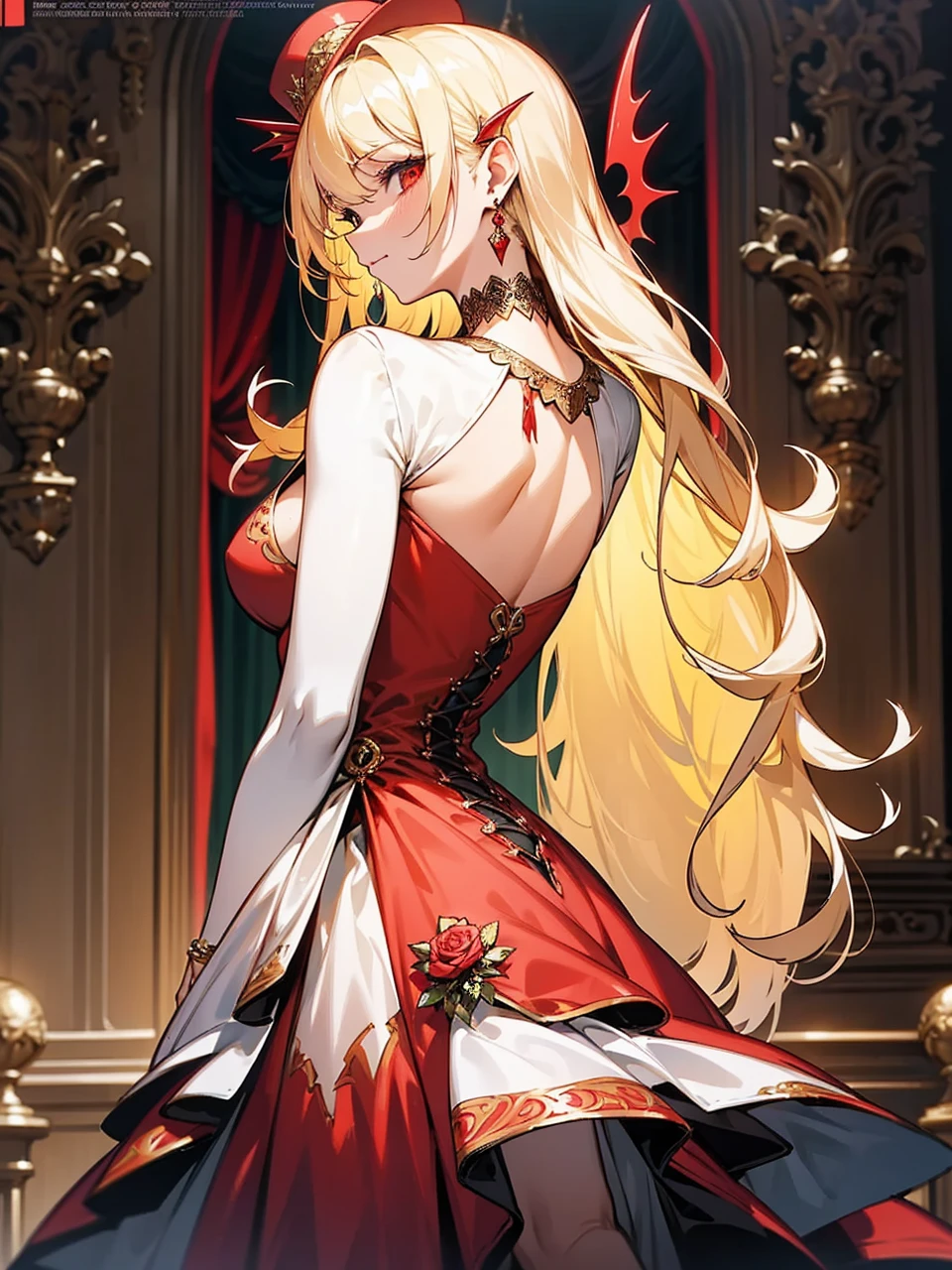 Add in roses to her dress, a good back dress design with some golden jewelry, make her dress into a red and white gown with a hat, give her some unique Jewelry, and make her look somewhat of a demonic angel like appearance to her