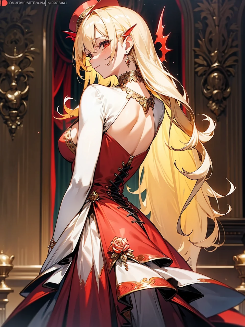 Add in roses to her dress, a good back dress design with some golden jewelry, make her dress into a red and white gown with a hat, give her some unique Jewelry, and make her look somewhat of a demonic angel like appearance to her