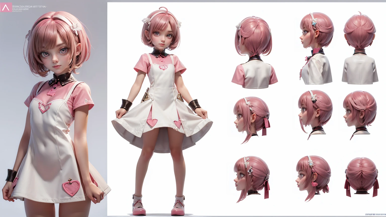 cute girl in a short gaming dress , short hairs, ,white dress, smiling face, short pink dress full straight standing pose, 14yo student, Character Sheet, Full body, Simple white background, character reference sheet, Concept art, design sheet, HD, 4k