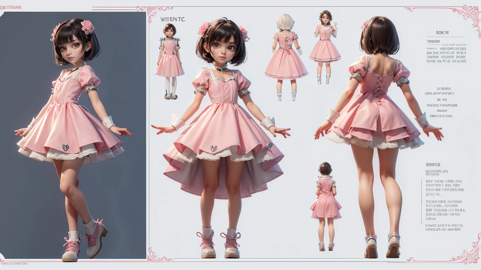 cute girl in a short gaming dress , short hairs, ,white dress, smiling face, short pink dress full straight standing pose, **** student, Character Sheet, Full body, Simple white background, character reference sheet, Concept art, design sheet, HD, 4k