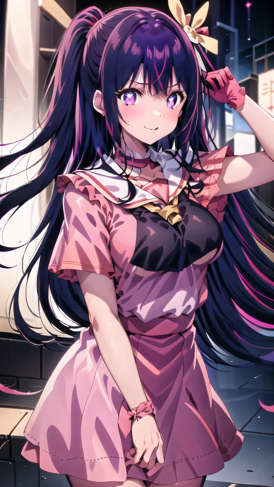 alone, hoshinoai, (masterpiece:1.2, expensive quality), (Pixiv:1.4), (One girl:1.2), (alone:1.2), Moderate_face, black + expensive_ponytail, Blunt bangs, red + length_eye, 笑face, Light_face, Large Breasts, Narrow waist, Wide pelvis, texpensive gaps, (Seraphim, Sailor collar, tie), single_Earin, Are standing, Are standing straight, (whole body), (Blurred Background), ((Pink Dress, Pink Skirt)),
