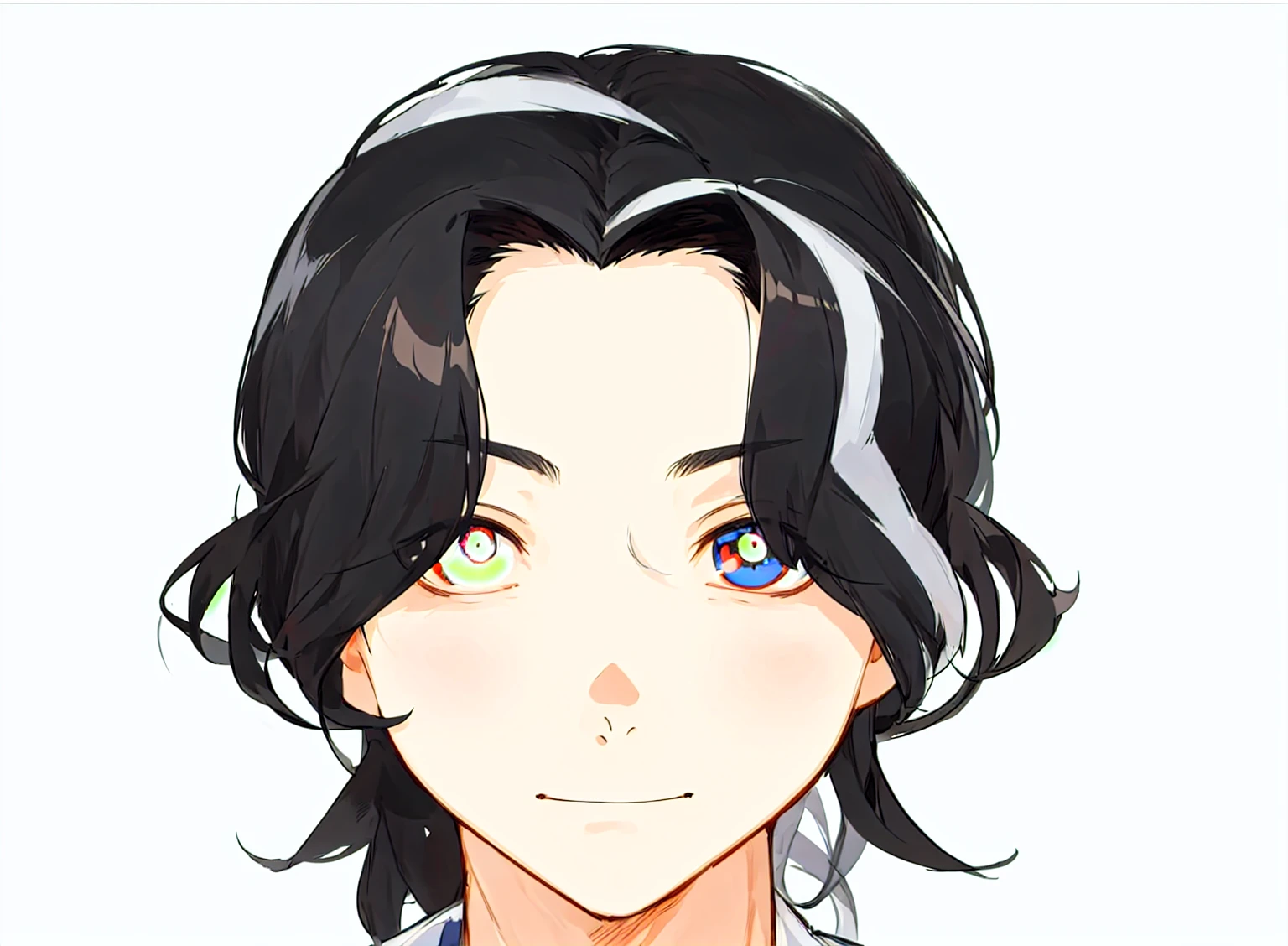 Chibi anime style illustration of a 25-year-old male character, front-facing portrait, inspired by Demon Slayer. He has black hair with a few white streaks, white spots on his skin, and heterochromatic eyes: the right eye is white and the left eye is black. The character should have the distinct chibi proportions and expressive features typical of Demon Slayer's chibi transformations, with only the head draw