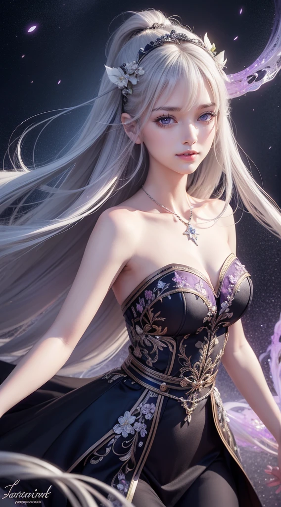 (masterpiece:1.5, Highest quality, Very detailed、 Dutch Angle、Semi-realistic、Fantasy)(One Girl, alone)(White and beautiful hair:1.4,,Straight Long Hair)(Dress in black tones、Fantasyの衣装)、((Off the shoulder、Mid-chest、ruby necklace))(Beautiful cleavage、Legs wrapped in tights)(Beautiful starry sky、Mystical Night、Particles of light float around the woman、Fantasy space) Waiting to start
