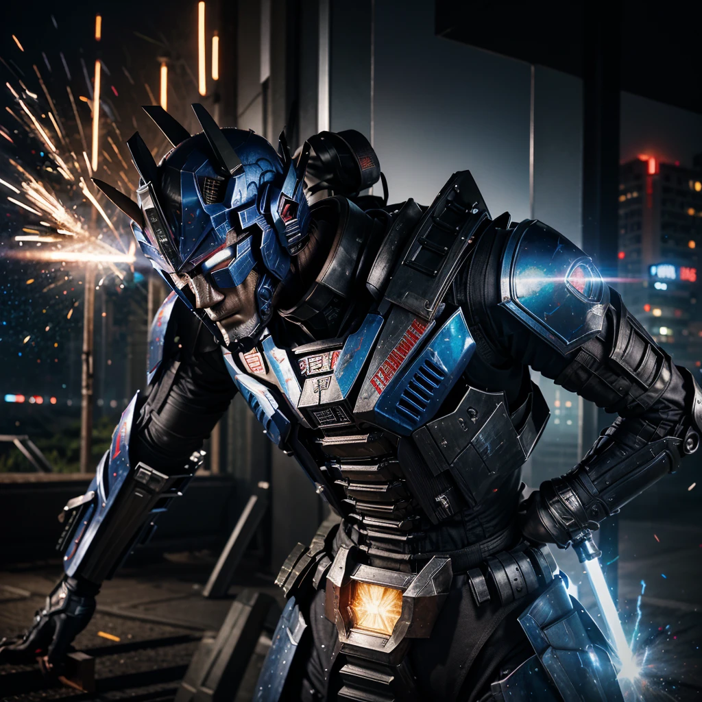 a close up of Optimus Prime from Transformers the movie swing a sword, realistic metal suit, realism art, style league of legends, inspired by Li Shida, fighting game character, tracer, red and blue color, glow particle, realistic suit, sword, realistic sword, realism masterpiece, lighting, strong realistic texture, 8k