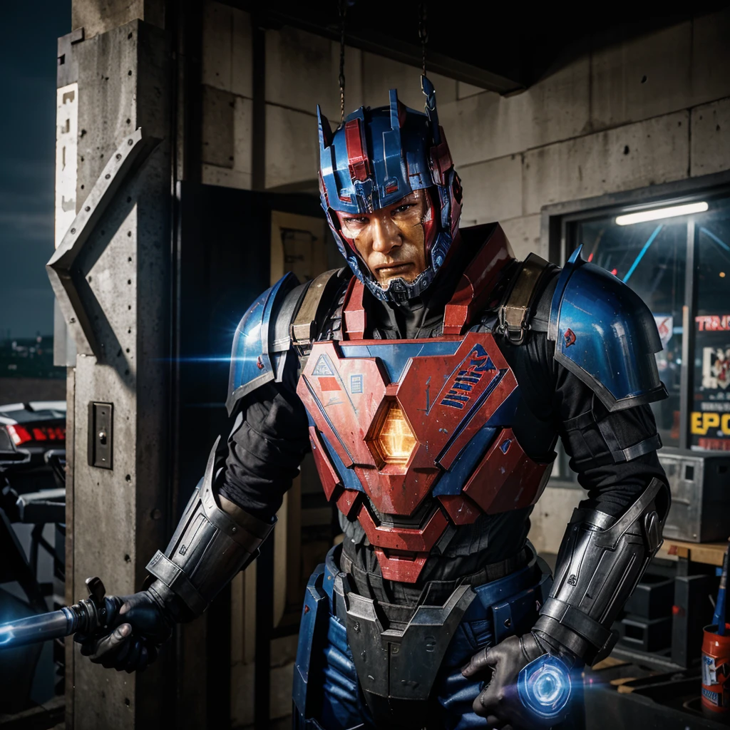 a close up of Optimus Prime from Transformers the movie swing a sword, realistic metal suit, realism art, style league of legends, inspired by Li Shida, fighting game character, tracer, red and blue color, glow particle, realistic suit, sword, realistic sword, realism masterpiece, lighting, strong realistic texture, 8k