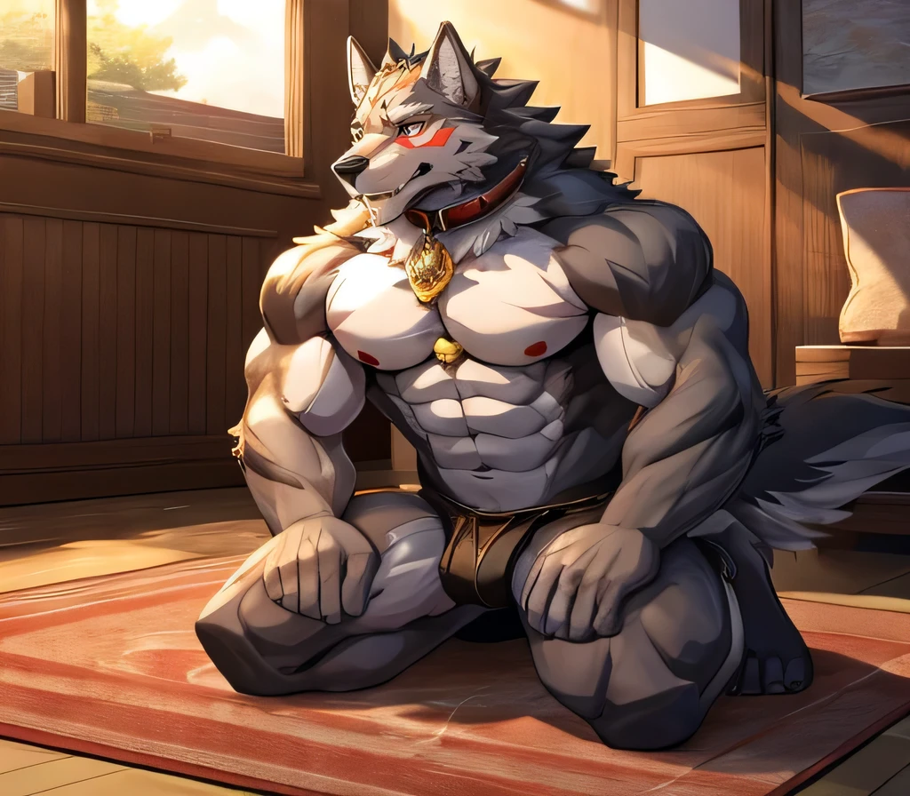 masterpiece,high quality,Japanese cartoons,Exquisite eyes,Hairy male black Wolf, Wolf, Great physique,Strong arms, Collar, , Topless, Chest muscles,Abdominal muscles, morning,Kneel on the carpet,submit to, in living room, happiness, blush,Proud,Tethered by a rope,detail