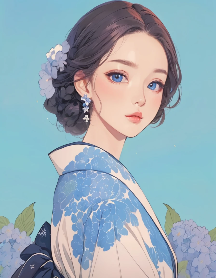 Anime girl with blue eyes and blue flowers in her hair, Beautiful anime portraits, Japanese art style, artwork in the style of Gwaiz, Digital anime illustration, Trending on artstration, Beautiful anime art style, Anime style portrait, Anime-style illustrations, Gwaiz, Beautiful anime style, Cute art style, Beautiful drawing style, palace , Girl in Han Dress