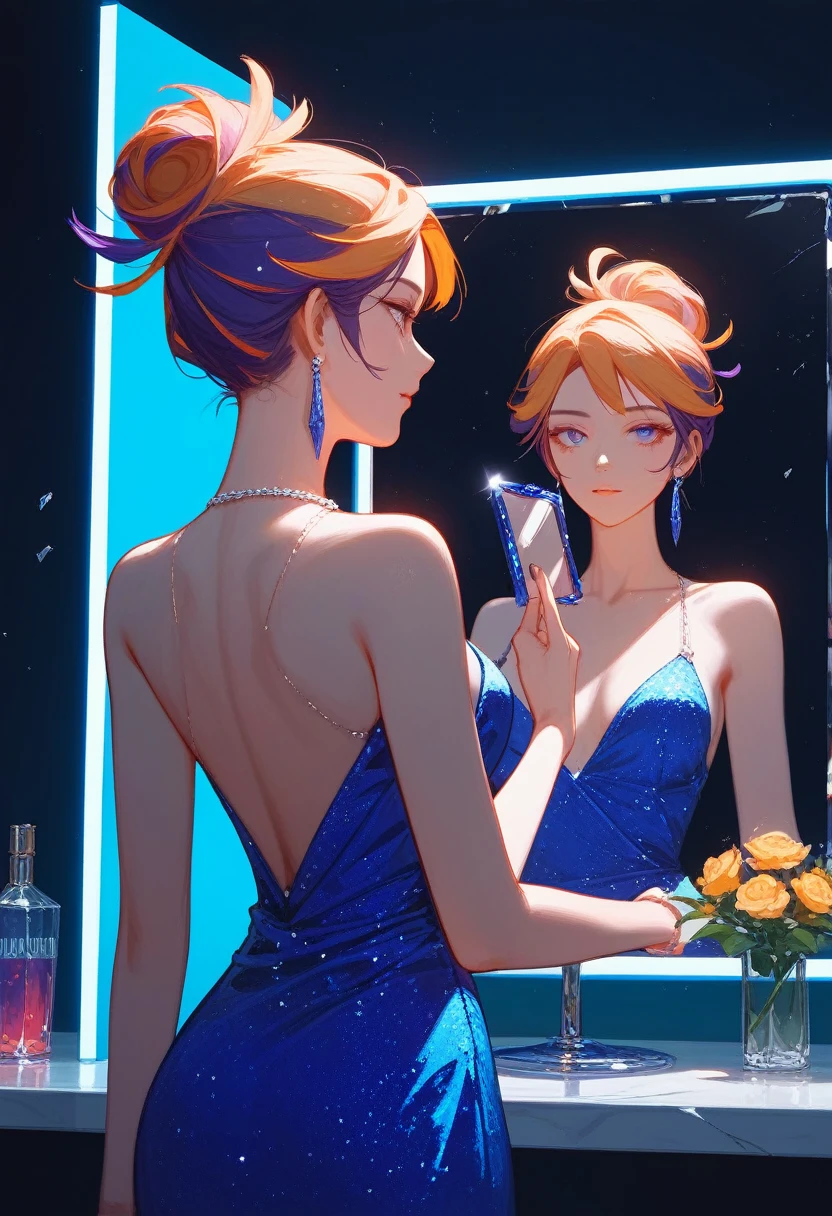 (Fraction_9,Fraction_8_Direction_7_up),1 a woman,(((bust))),A woman in an evening gown、Woman holding a mirror, Inspired by Huang Ji,Inspired by Zhou Wenjing, Render character art 8 K,Colorful clothes,Broken glass,