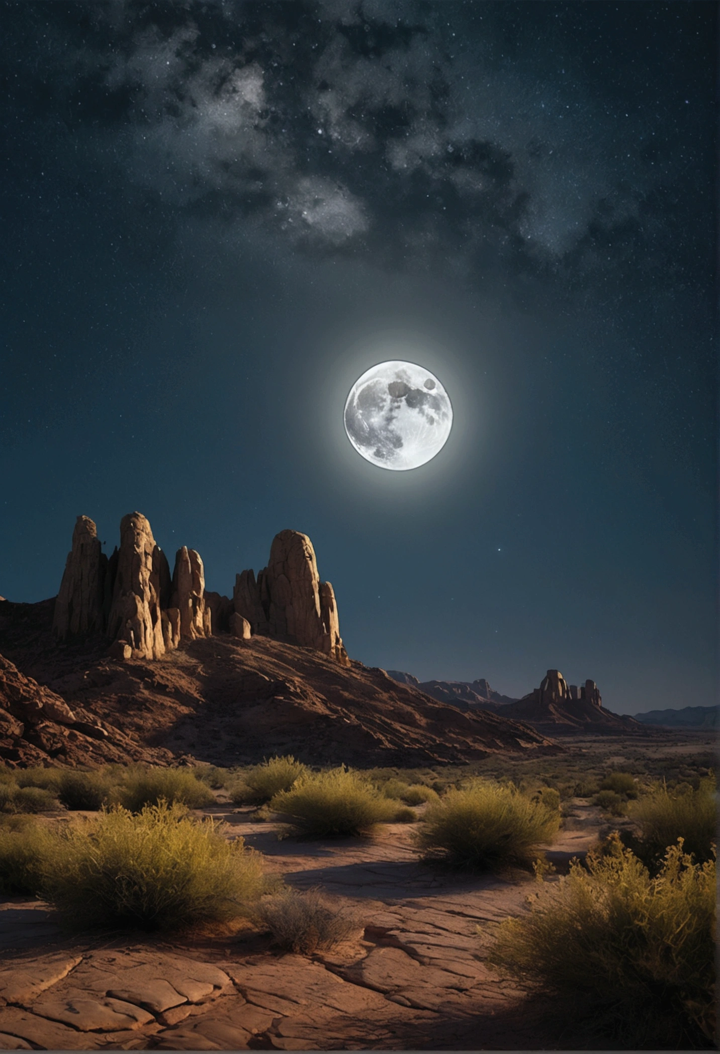 intricate detailed desert landscape, rocky plateau, scrubland, night sky, full moon, (best quality,4k,8k,highres,masterpiece:1.2),ultra-detailed,(realistic,photorealistic,photo-realistic:1.37),cinematic lighting, dramatic shadows, warm color palette, moody atmosphere, stunning vista, vast desert expanse, rugged terrain, craggy rock formations, sparse vegetation, clear night sky, glowing moon, twinkling stars, ethereal mood