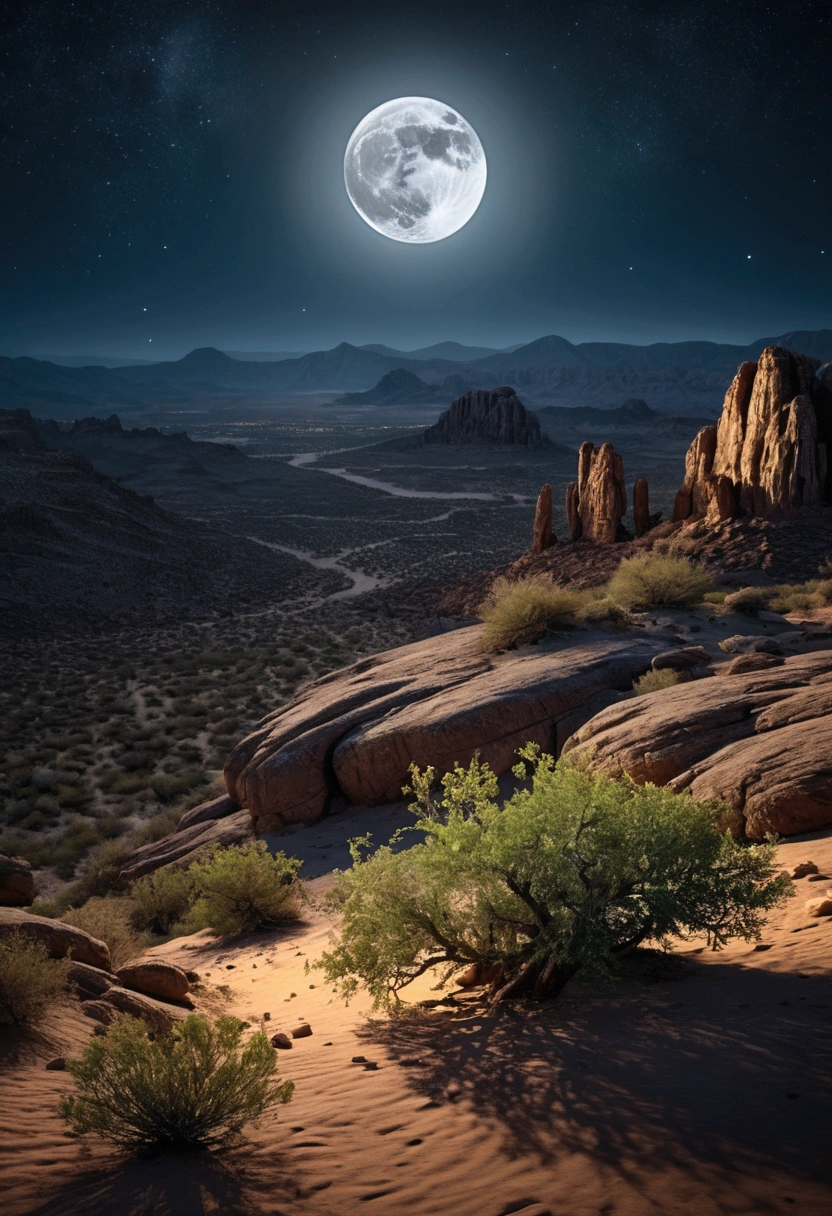 intricate detailed desert landscape, rocky plateau, scrubland, night sky, full moon, (best quality,4k,8k,highres,masterpiece:1.2),ultra-detailed,(realistic,photorealistic,photo-realistic:1.37),cinematic lighting, dramatic shadows, warm color palette, moody atmosphere, stunning vista, vast desert expanse, rugged terrain, craggy rock formations, sparse vegetation, clear night sky, glowing moon, twinkling stars, ethereal mood