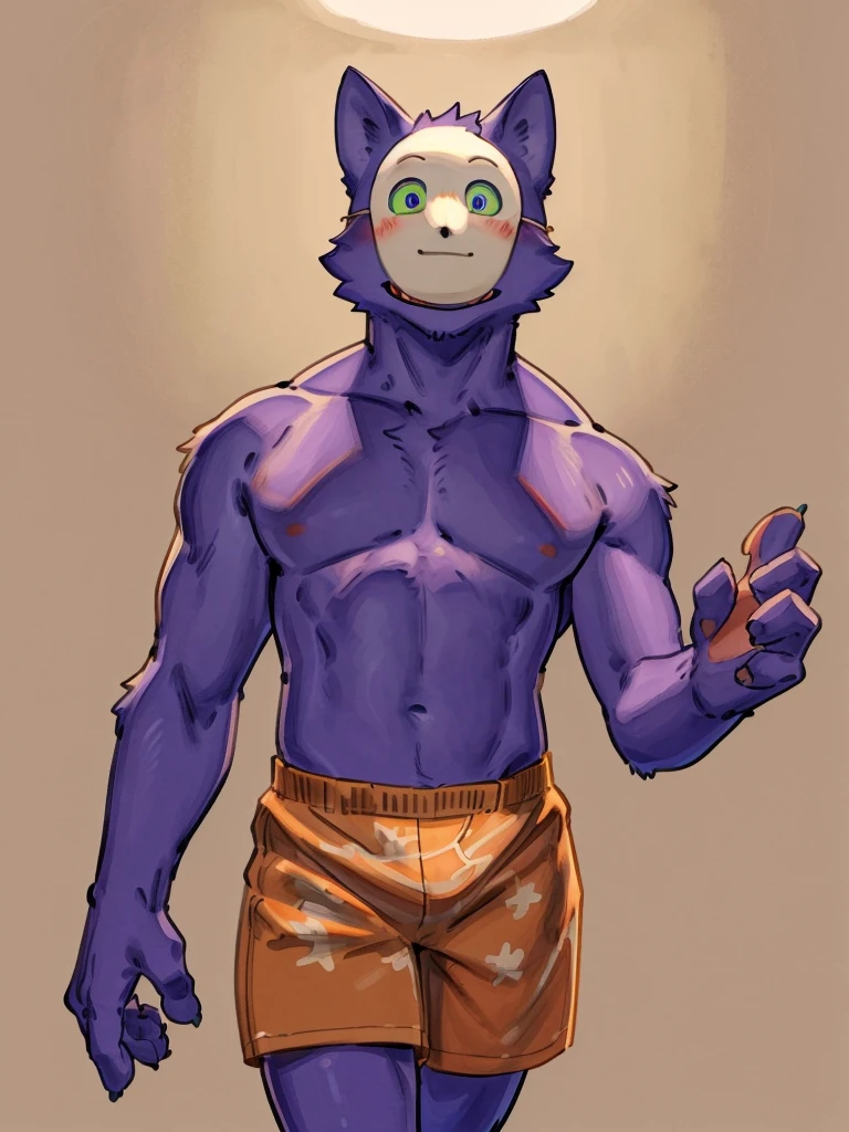 ((Best quality, masterpiece, detailed anatomy, detailed eyes, detailed hands, perfect lighting, perfect shading,)), by Buta99, by Meesh, 1male, Kedamono, Wolf, purple furs, tight body, eyes, mask, skinny chub body, young body, shirtless, orange shorts, barefoot, at the white background 