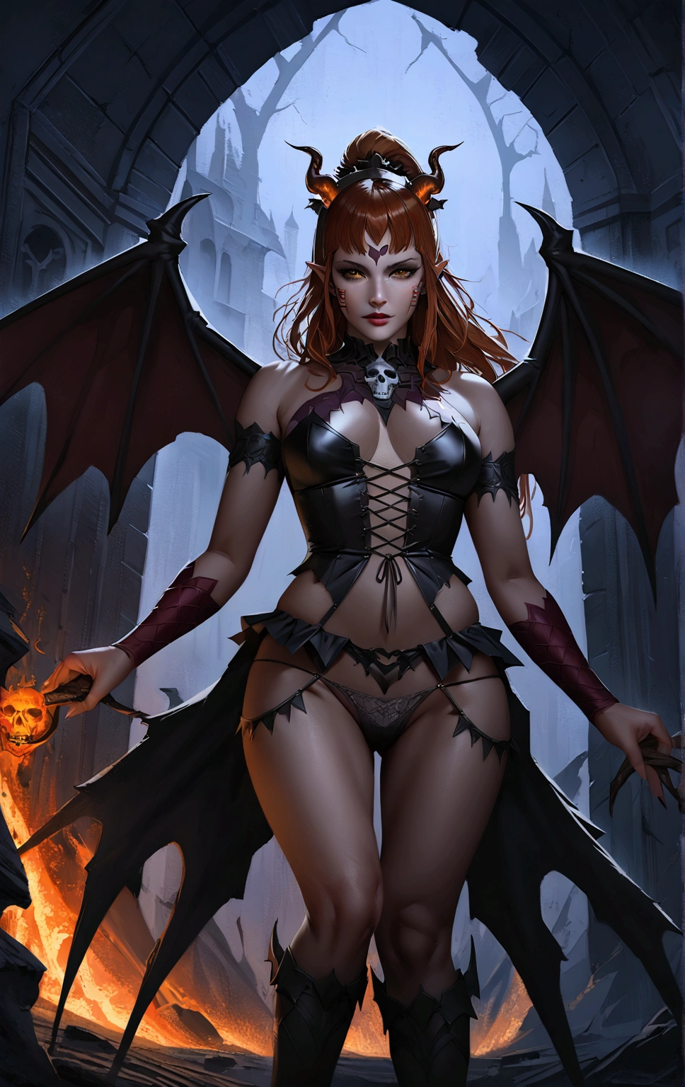 Photo realistic, ultra-detailed, 1girl, mature, milf, 50 years old, full body portrait, ancient succubus, athletic, day of the dead facepaint, sexaually aggressive, white high ponytail hair, straddling over the camera with legs spread wide open, open legs, see through lowleg panties, firey, dragon scale demon wings, horns, fire and brimstone eruprions, scary detailed art in color, aroused expression, busty, curvy hips, sexy, alluring, posing with open legs, sheer hipster panties, highly detailed fantasy art, beautiful fantasy art portrait, intricate detailed digital art, highly detailed digital painting, digital art fantasy art, mark brooks detailed, detailed fantasy digital art, amazing detail digital art, close-up portrait demoness skull,