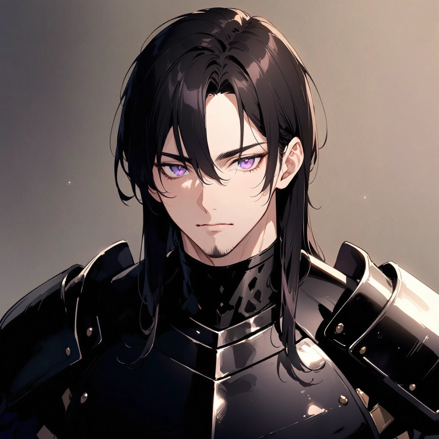 ((masterpiece)), (Anime character with long black hair and purple eyes), (Fantasy Handsome), Beautiful Swordsman, Expressionless, Delicate and beautiful face, (Anime handsome adult man), Male Anime Characters, Anime portrait of a handsome man, Portrait of the Black Knight, (Wearing black armor), Human male swordsman, ((Ultra-high resolution))