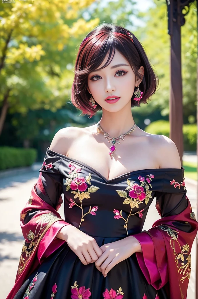 (masterpiece:1.4), (best quality:1.4), ultra high res, ultra high resolution, ((detailed facial features)), HDR, (realistic, photorealistic, photo-realistic:1.37), full body Esbian, sexy Thai model, (-anime), vivid colors, ((vivid colors multicolor (red, fuchsia) very short hair)), (happy smile), lip-gloss, long lashes, ultra detailed metallic makeup, defined eyebrows, wearing large sparkling colorful jewelery, (wearing a red silk Paradise Kiss cosplay dress with black floral embroidery), ((vivid colors outfit)), vivid colors, look at the camera, cinematic light, large park background with trees, sweet and sexy pose