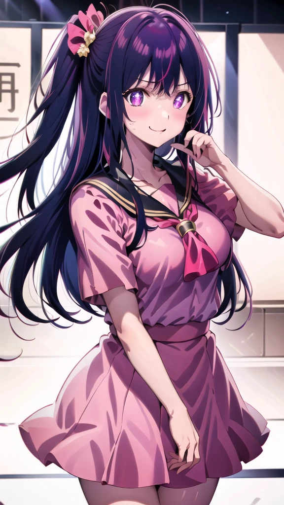 alone, hoshinoai, (masterpiece:1.2, expensive quality), (Pixiv:1.4), (One girl:1.2), (alone:1.2), Moderate_face, black + expensive_ponytail, Blunt bangs, red + length_eye, 笑face, Light_face, Large Breasts, Narrow waist, Wide pelvis, texpensive gaps, (Seraphim, Sailor collar, tie), single_Earin, Are standing, Are standing straight, (whole body), (Blurred Background), ((Pink Dress, Pink Skirt)), 笑face