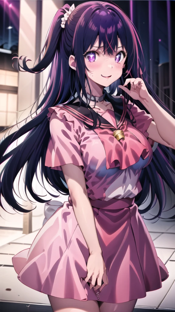 alone, hoshinoai, (masterpiece:1.2, expensive quality), (Pixiv:1.4), (One girl:1.2), (alone:1.2), Moderate_face, black + expensive_ponytail, Blunt bangs, red + length_eye, 笑face, Light_face, Large Breasts, Narrow waist, Wide pelvis, texpensive gaps, (Seraphim, Sailor collar, tie), single_Earin, Are standing, Are standing straight, (whole body), (Blurred Background),  ((Pink Dress, Pink Skirt)), 笑face