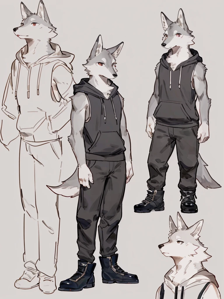 ((Best quality, masterpiece, detailed anatomy, detailed eyes, detailed hands, perfect lighting, perfect shading, no color, sketch line art)), by Buta99, by Bebebebebe, 1male, Wolf, furs, tight body, eyes, skinny chub body, young body, sleeveless hoodie, pants, boots, at the white background 