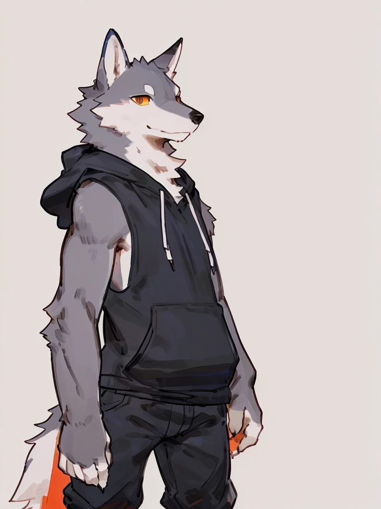 ((Best quality, masterpiece, detailed anatomy, detailed eyes, detailed hands, perfect lighting, perfect shading, no color, sketch line art)), by Buta99, by Bebebebebe, 1male, Wolf, furs, tight body, eyes, skinny chub body, young body, sleeveless hoodie, pants, boots, at the white background