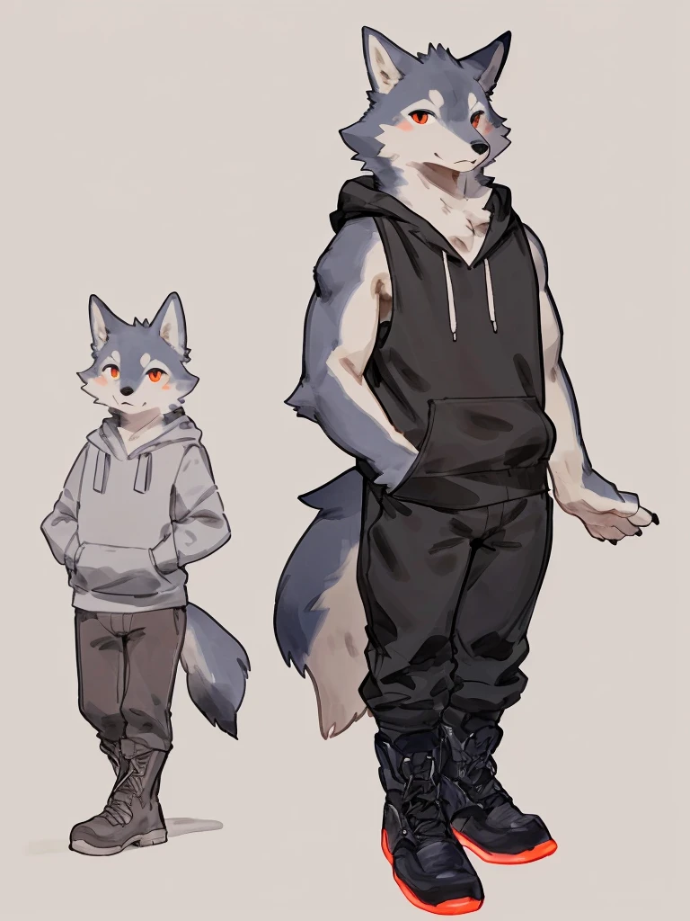 ((Best quality, masterpiece, detailed anatomy, detailed eyes, detailed hands, perfect lighting, perfect shading, no color, sketch line art)), by Buta99, by Bebebebebe, 1male, Wolf, furs, tight body, eyes, skinny chub body, young body, sleeveless hoodie, pants, boots, at the white background