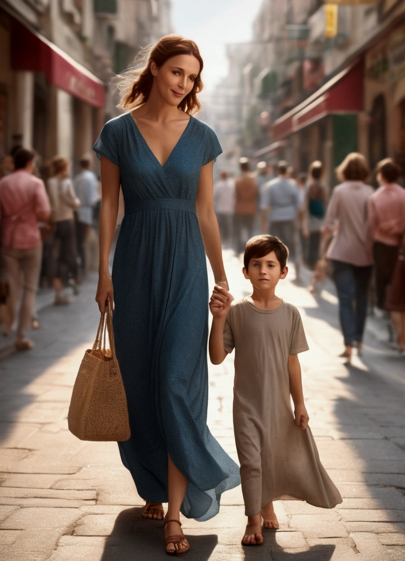 (8k, RAW photo, best quality, masterpiece: 1.2), (realistic, photo-realistic: 1.37), (focus on their relationship), dynamic angle, highly detailed, mother and son is walking on a crowded street, (mother : long dress), (son : casual clothes)