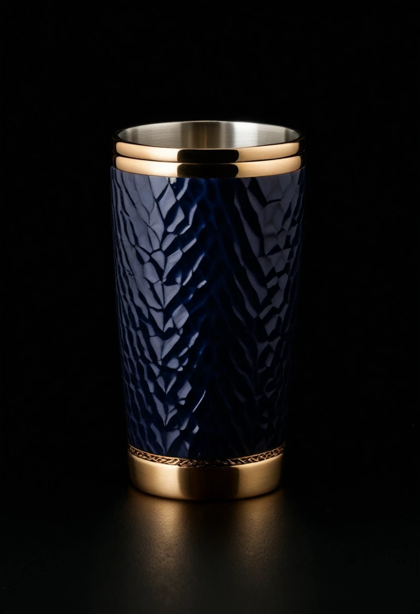 Create a photorealistic image of a luxury insulated tumbler. Cylindrical shape with a slight taper. Main body in deep Midnight Blue (HEX: #191970) with an embossed diamond-lattice pattern covering the entire surface. The pattern should have subtle light reflections, hinting at Sky Blue (HEX: #87CEEB) highlights.
Gold or rose gold accents: wide band at the top rim and a thinner band at the base. These metallic parts should have a soft, brushed finish.
Height: approximately 6 inches (15 cm). Capacity: 16 oz (473 ml).
Composition: Front view of the tumbler against a pure black background. Dramatic side lighting to emphasize the texture of the pattern and the metallic sheen of the gold accents.
Style: High-end product photography with sharp focus on the tumbler, showcasing the luxurious materials and intricate design.