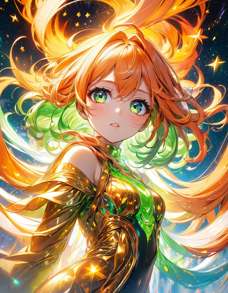 In a mesmerizing cascade of color and light, an enchanting anime girl sexy hot all golden stars candroites viewers with her ethereal beauty. Her delicate features are framed by cascading locks of shimmering long  orange fire neon hair, her wide, expressive eyes big Green radiating with emotion. A digital painting brings this stunning character to life, depicting her in intricate detail with a seamless blend of realism and fantasy. Every brushstroke and pixel showcases the artist's skill and dedication, making this image a