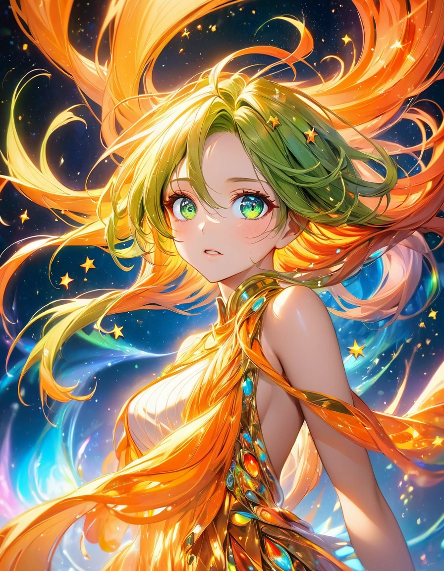 In a mesmerizing cascade of color and light, an enchanting anime girl sexy hot all golden stars candroites viewers with her ethereal beauty. Her delicate features are framed by cascading locks of shimmering long orange fire neon hair, her wide, expressive eyes big Green radiating with emotion. A digital painting brings this stunning character to life, depicting her in intricate detail with a seamless blend of realism and fantasy. Every brushstroke and pixel showcases the artist's skill and dedication, making this image a