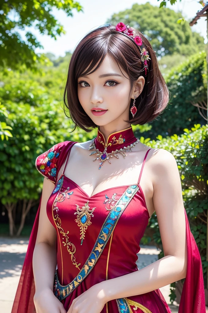 (masterpiece:1.4), (best quality:1.4), ultra high res, ultra high resolution, ((detailed facial features)), HDR, (realistic, photorealistic, photo-realistic:1.37), full body Esbian, sexy Vietnamese model, (-anime), vivid colors, ((vivid colors multicolor (red, fuchsia) very short hair)), (happy smile), lip-gloss, long lashes, ultra detailed metallic makeup, defined eyebrows, wearing large sparkling colorful jewelery, wearing a red silk Paradise Kiss cosplay dress with black floral embroidery, ((vivid colors outfit)), vivid colors, look at the camera, cinematic light, large park background with trees, sweet and sexy pose