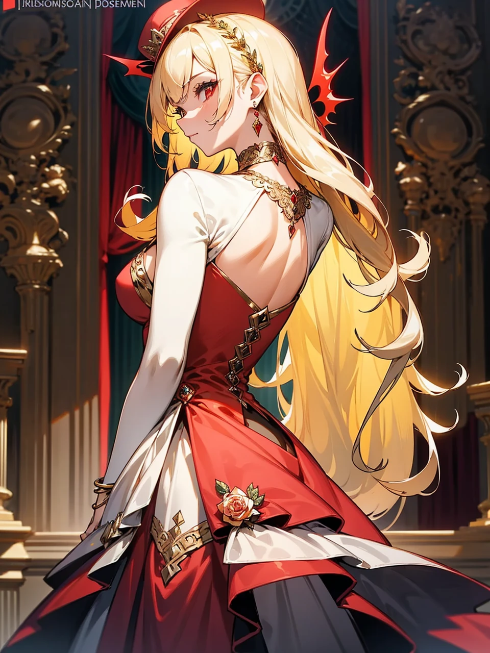 Add in roses to her dress, a good back dress design with some golden jewelry, make her dress into a red and white gown with a hat, give her some unique Jewelry, and make her look somewhat of a demonic angel like appearance to her