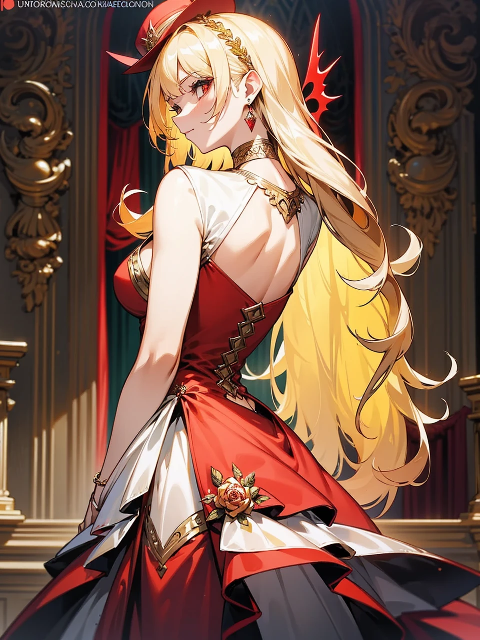 Add in roses to her dress, a good back dress design with some golden jewelry, make her dress into a red and white gown with a hat, give her some unique Jewelry, and make her look somewhat of a demonic angel like appearance to her