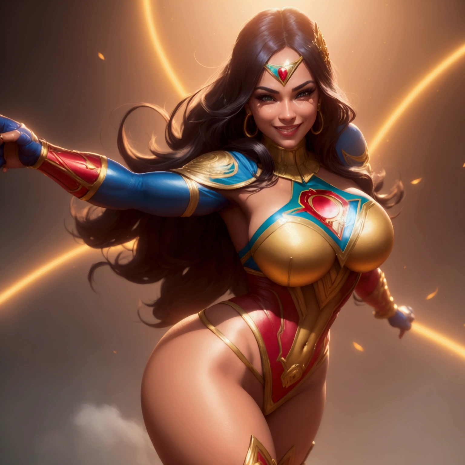 A beautiful smiling superheroine in Brazil, with a large butt, a well-toned body, and breasts almost visible, detailed face, intricate costume, complex background, dynamic pose, colorful vibrant atmosphere, cinematic lighting, highly detailed, 4k, hyper realistic, octane render, 8k, masterpiece