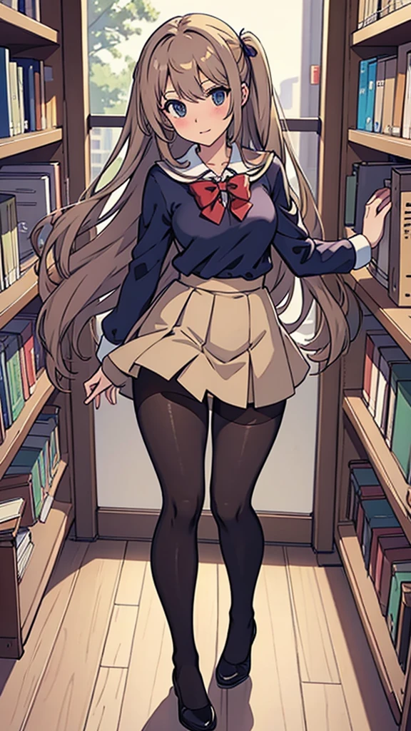 Beige pantyhose,high school girl,Angle from below,Crouching,library