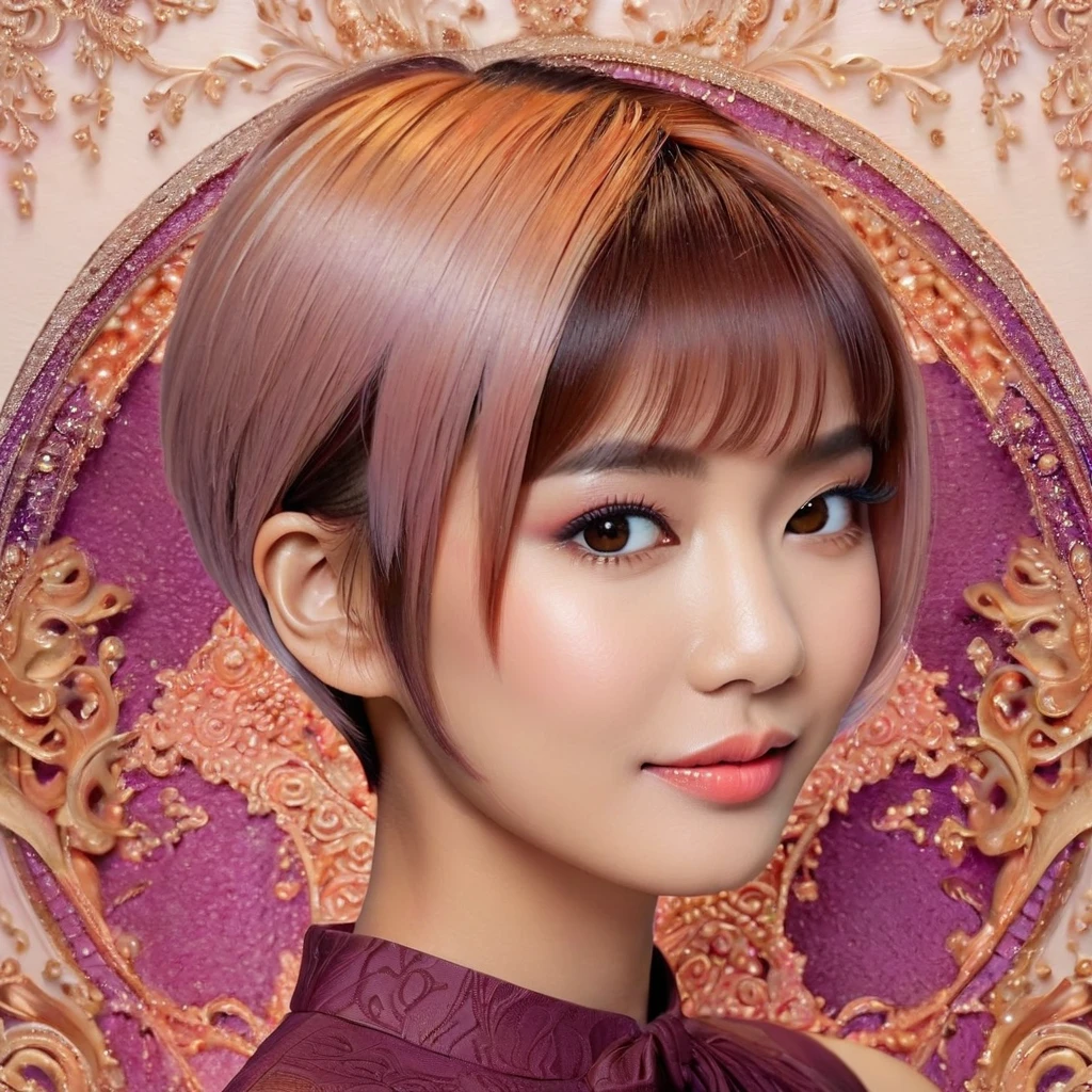  masterpiece, realistic, highly detailed, beautiful, a cute young indonesian woman, sleek straight hair, short bowcut haircut with undercut, purpled salmon haircolor, light makeup, brown eyes. detailed on the face and eye.  elegant pose. charming and calming look. smiling slightly. blurred intricate abstract background.