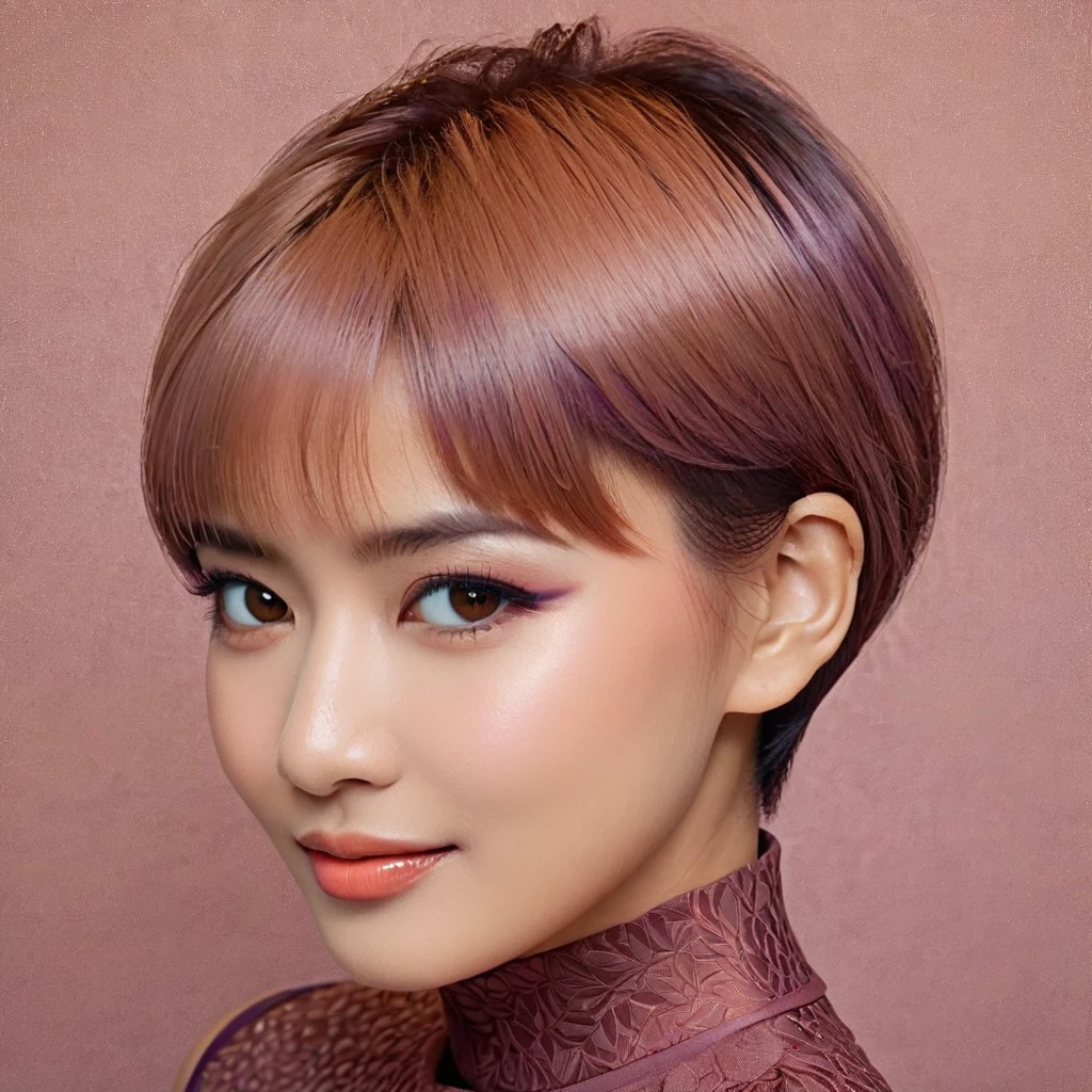 masterpiece, realistic, highly detailed, beautiful, a cute young indonesian woman, sleek straight hair, short bowcut haircut with undercut, purpled salmon haircolor, light makeup, brown eyes. detailed on the face and eye.  elegant pose. charming and calming look. smiling slightly. blurred intricate abstract background.