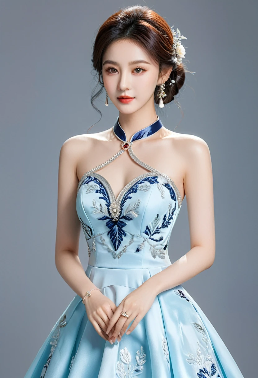 Realistic photo style, whole body 사진에 아름다운 아시아 소녀가 등장합니다., Wearing a unique ethnic style evening gown with delicate skin., bright and lively eyes, Thick eyelashes that look especially attractive. Long dresses are slim and elegant., Eye-catching silver jewelry and alcohol. The high-collar design adds an elegant atmosphere., Color of blue and white porcelain. using light and shadow, The vivid and harmonious appearance of the protagonist is highlighted... whole body, (masterpiece, best quality, professional, perfect composition, very aesthetic, absurd, very detailed, intricate details:1.3)
