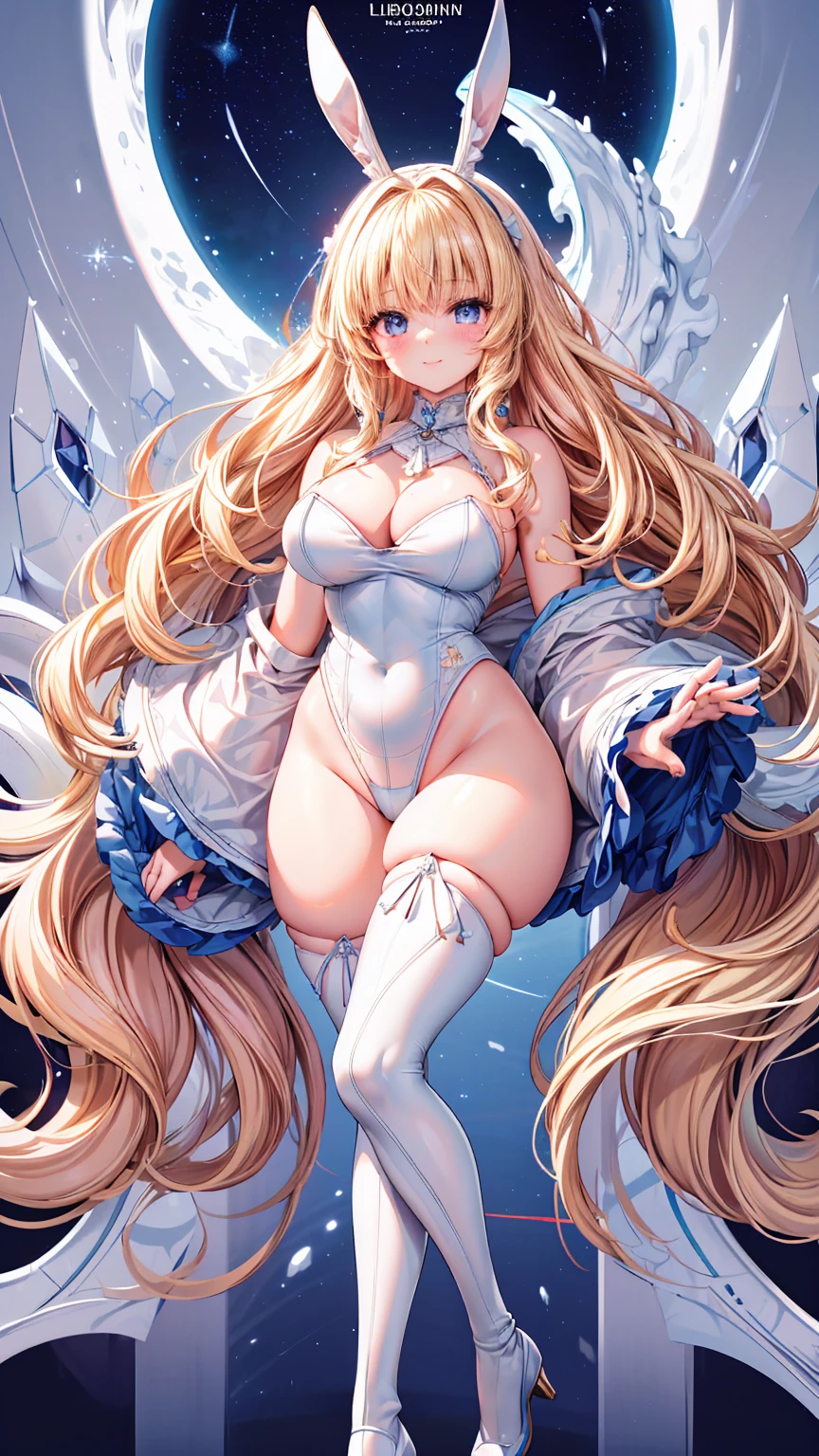 Very detailed、Highest quality、Best image quality、masterpiece、8k、Anime Face、A kind smile、universe、Lunar Surface、Sparkling Blue Eyes、(Blonde wavy hair:1.5)、(Soft body:1.3)、White rubber outfit、race、Frills、(High leg:2.0)、Thigh belt、Jeweled wand、(Cowboy Shot:1.5)、(SFW Giant)、(Thick body:1.2)、(good:1.5)、(SXSPNTS)、(Bunny ears)