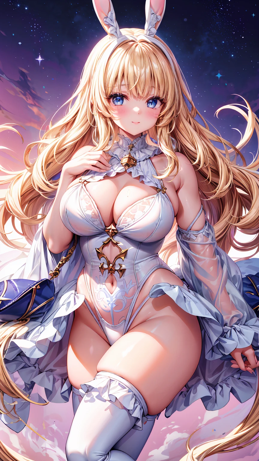 Very detailed、Highest quality、Best image quality、masterpiece、8k、Anime Face、A kind smile、universe、Lunar Surface、Sparkling Blue Eyes、(Blonde wavy hair:1.5)、(Soft body:1.3)、White rubber outfit、race、Frills、(High leg:2.0)、Thigh belt、Jeweled wand、(Cowboy Shot:1.5)、(SFW Giant)、(Thick body:1.2)、(good:1.5)、(SXSPNTS)、(Bunny ears)