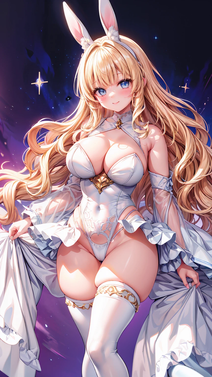 Very detailed、Highest quality、Best image quality、masterpiece、8k、Anime Face、A kind smile、universe、Lunar Surface、Sparkling Blue Eyes、(Blonde wavy hair:1.5)、(Soft body:1.3)、White rubber outfit、race、Frills、(High leg:2.0)、Thigh belt、Jeweled wand、(Cowboy Shot:1.5)、(SFW Giant)、(Thick body:1.2)、(good:1.5)、(SXSPNTS)、(Bunny ears)