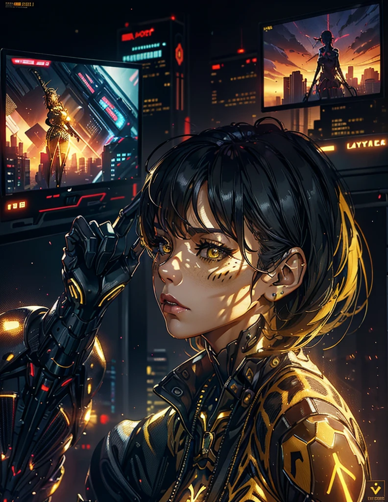 a (giraffe pattern outfit) yellow and black outfit,sword,beautiful cyberpunk woman,cyberpunk angry gorgeous goddess,beautiful cyborg girl ,hyper realistic,intricate details,cinematic lighting,vibrant colors,award winning,stunning,masterpiece