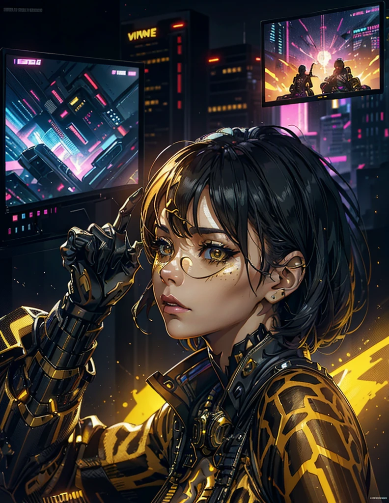 a (giraffe pattern outfit) yellow and black outfit,sword,beautiful cyberpunk woman,cyberpunk angry gorgeous goddess,beautiful cyborg girl ,hyper realistic,intricate details,cinematic lighting,vibrant colors,award winning,stunning,masterpiece