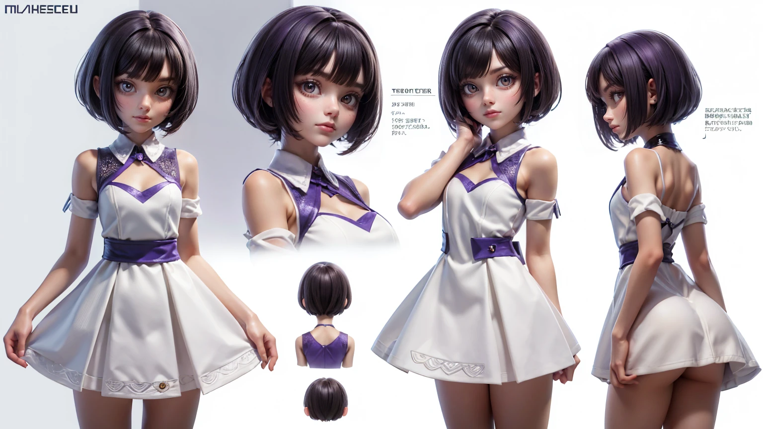 cute girl in a short gaming dress , short hairs, ,white dress, smiling face, short purple  dress full straight standing pose, , Character Sheet, Full body, Simple white background, character reference sheet, Concept art, design sheet, HD, 4k