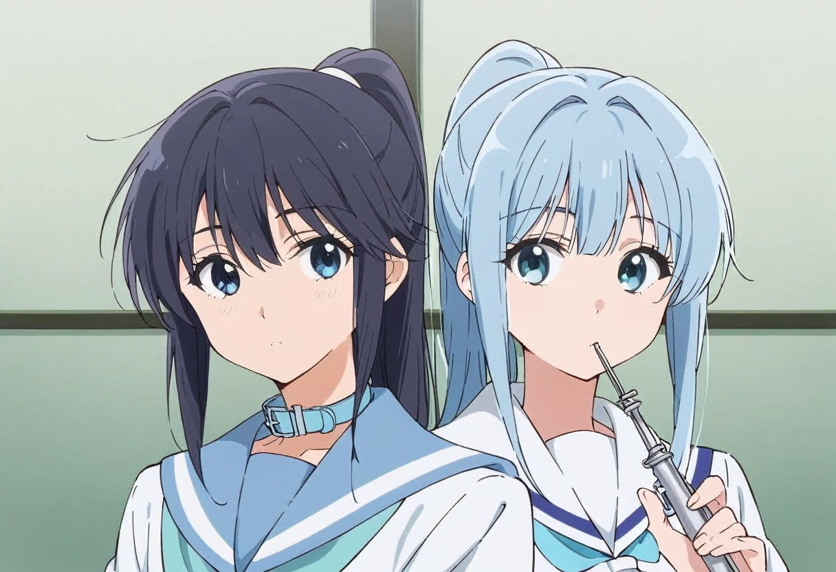 2 people、two girls、(Dark brown and black hair、High ponytail、(/Nozomi Kasagi\),Anime characters、girl、Expressionless、Emotionless facial expression、Silver flute、Playing the flute、Upper body only、Sailor suit with light blue collar、A white sailor suit with a light blue ribbon、)((/Yorozuka Mizore\)Dark blue hair、Straight Hair、Neat bangs、Playing the oboe、girl、Expressionless、Apathy、Glassy Eyes、Upper body only、Sailor suit with light blue collar、A white sailor suit with a light blue ribbon)、Light coming in from the window、together