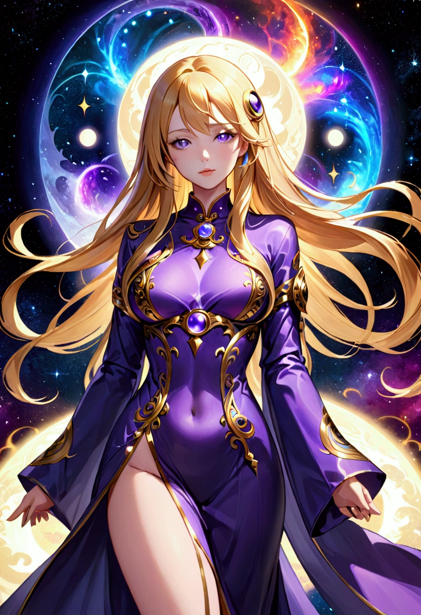 Adult female,long golden hair, purple eyes,hourglass body figure,cosmic aura, ying yang robes